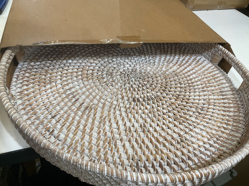Condition photo showing Good Condition for 16.9 inch round rattan tray, woven large serving tray with handles, wicker serving basket, coffee table decor for living room, whitewash 16.9" whitewash 1