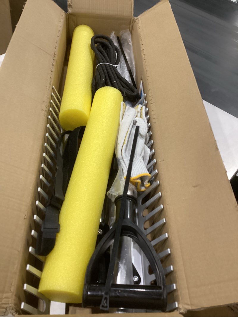 Condition photo showing As Is for pond rake aquatic weed rake,detachable float lake rakes,aluminum landscape rake for outdoor pond with extension rope,weed & algae removal,upgraded rakes foam fixing velcro & carabiners