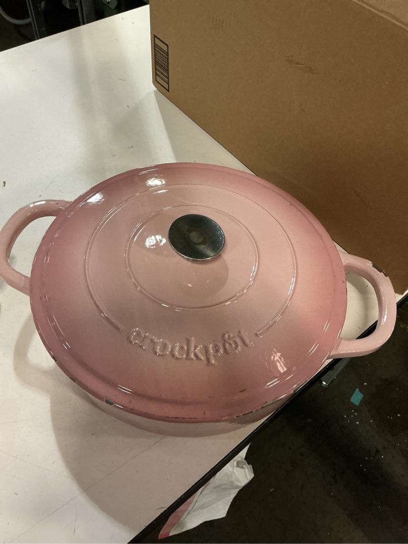 Condition photo showing As Is for Crock-Pot Artisan 5-Quart Blush Enameled Cast Iron Braiser with Lid – Durable Slow Cooker and Oven Safe Cookware 5 Quarts Cast Iron Braiser Blush Pink