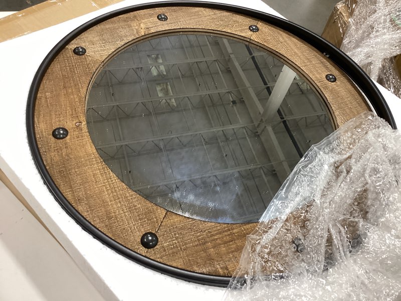 Condition photo showing As Is for rustic round wall mirror 24 inch, natural wood frame with black metal trim, industrial farmhouse style wall mirror with decorative nailhead accents for bathroom, living room, or entryway black 24"l x 24"w
