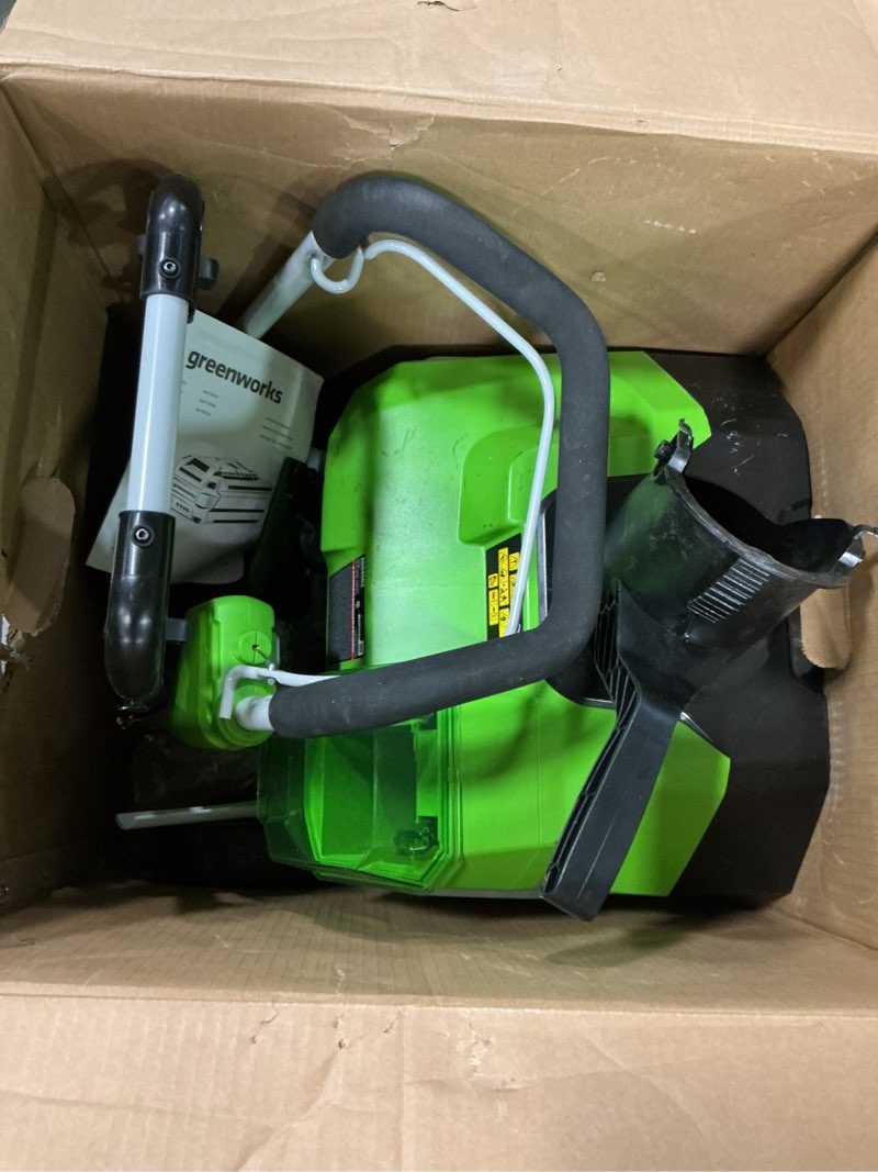 Condition photo showing As Is for greenworks 40v (75+ compatible tools) 16” cordless snow blower, 5.0ah battery and charger included, sn40b410 16" 5.0ah