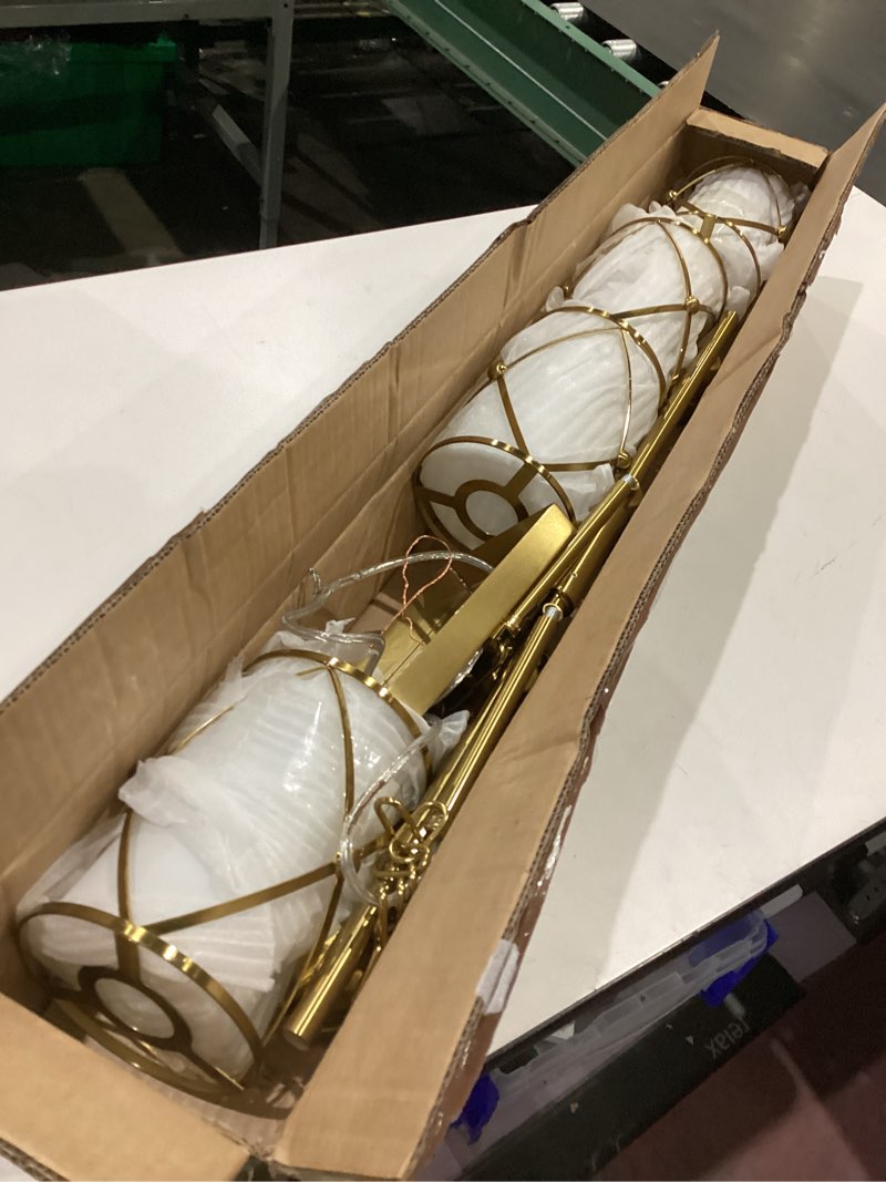 Condition photo showing As Is for 4-light kitchen island lighting, brushed gold linear dining room light fixtures with milk glass, modern industrial chandelier pendant light for kitchen island dining room, ch9176bgw-4is gold, milk white glass 4-light, 1 pack