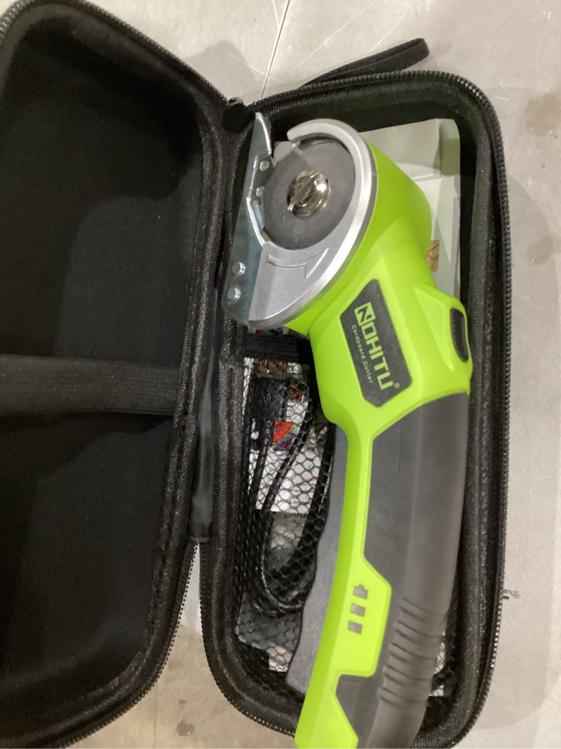 Condition photo showing New/Like New for cordless electric scissors: 4v rechargeable rotary cardboard cutter, 3000mah battery, with led light, 2 blades, box cutter for fabric carpet carton plastic leather cloth