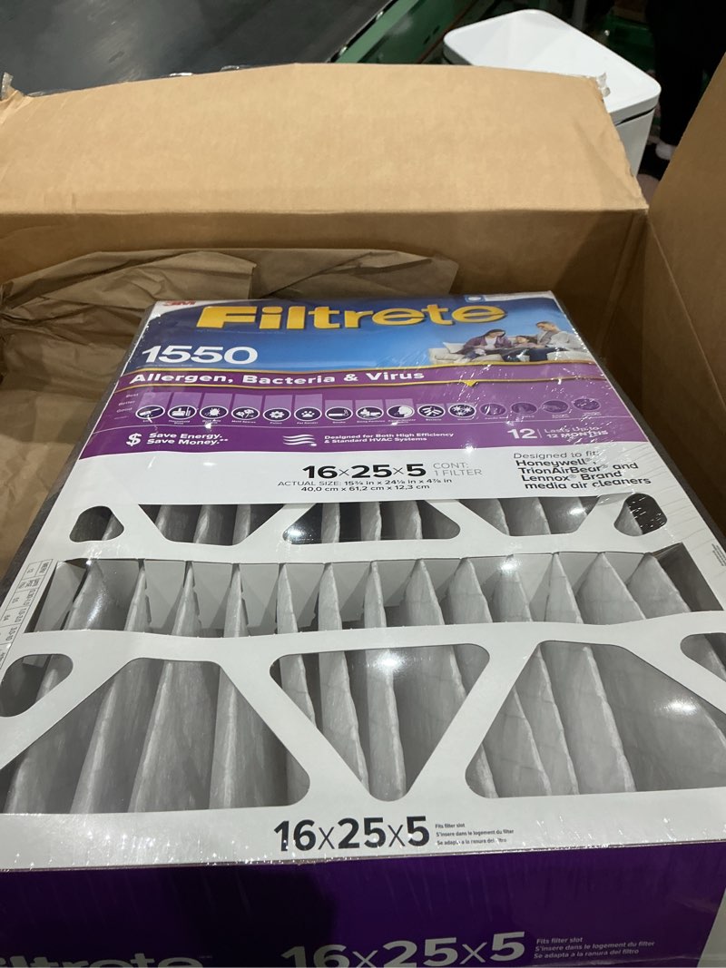 Condition photo showing New/Like New for filtrete 16x25x5 ac furnace air filter, mpr 1550, merv 12, fits honeywell & trion airbear, certified asthma & allergy friendly, electrostatic air filter, 1-pack (actual size 15.75 x 24.13 x 4.88) 4.9" x 24.1" x 15.6"