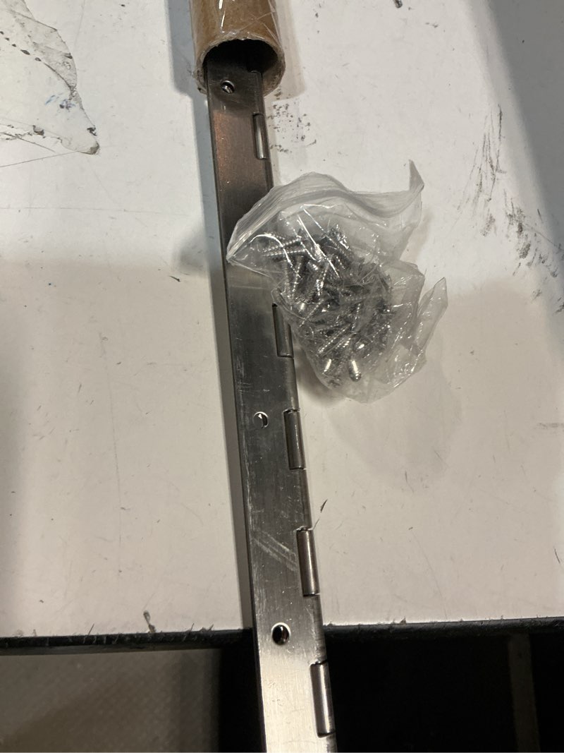 Condition photo showing Good Condition for Piano Hinge 48 Inch x 1.2 Inch Heavy Duty Continuous Hinge with Holes for Cabinets Boat Marine Door, 304 Stainless Steel Piano Hinge 0.04" Leaf Thickness 1.2'' Open Width 48 Inch Sliver