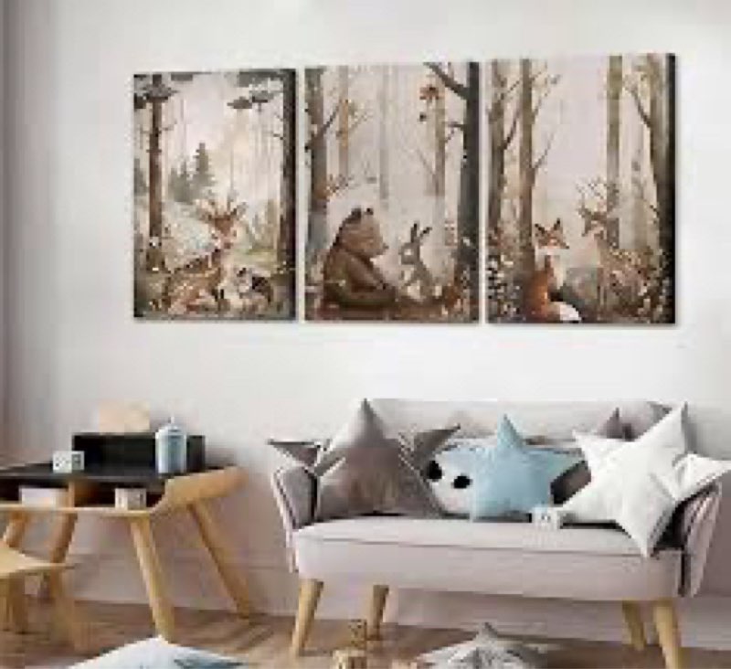 3Pcs Woodland Nursery Canvas Wall Art Cute Neutral Vintage Forest Wild Animals Bear Deer Fox Landsca