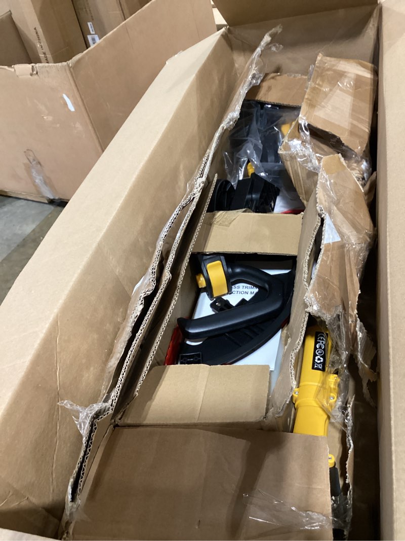 Condition photo showing As Is for weed wacker cordless compatible with dewalt 20v max battery, electric weed cordless eater with 4 types blades, brushless grass trimmer/lawn edger/mower/brush cutter for yard garden(no battery) yellow