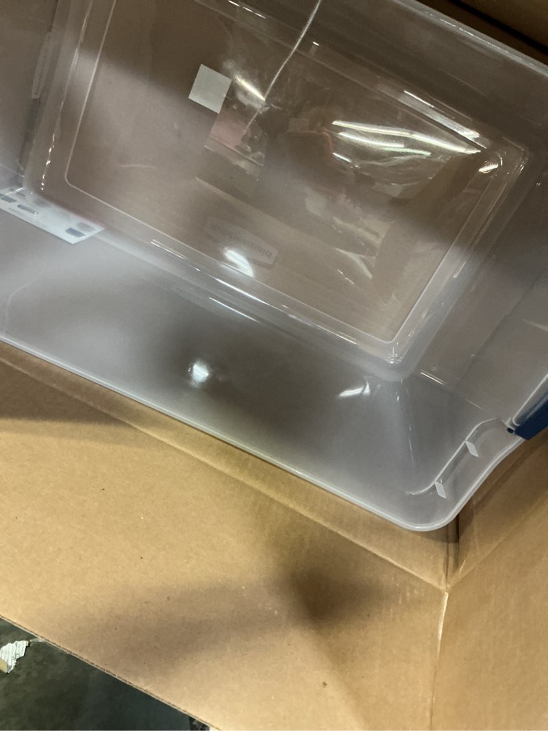 Condition photo showing As Is for 36 quart large storage box, clear plastic latch box, 4-pack