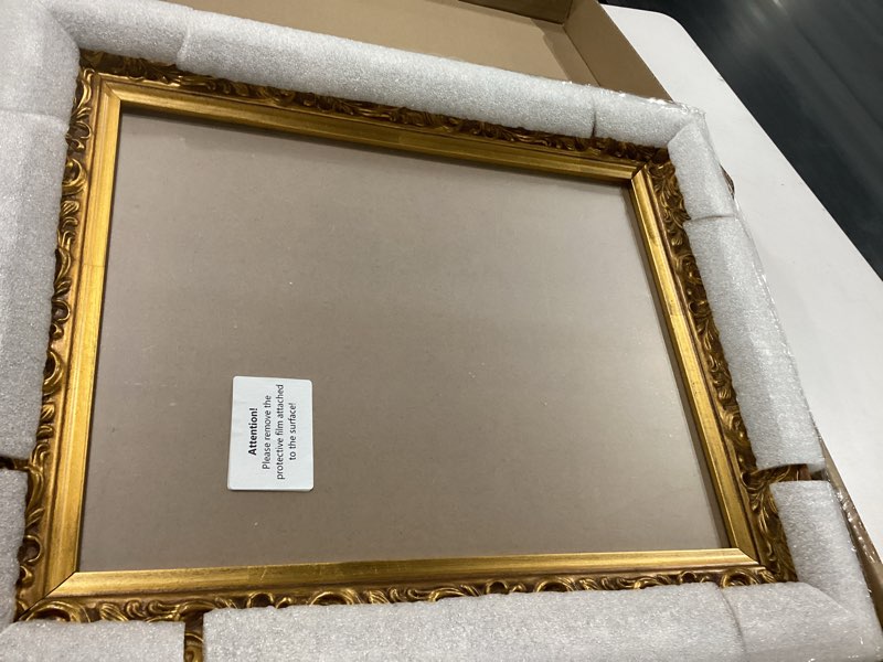 Condition photo showing New/Like New for artxo 11x14 inch gold picture frames: ornate wooden gallery wall 11x14 frame for canvas painting, poster, diploma, wedding, family photo frames for home wall decor 11"x14" gold-w21