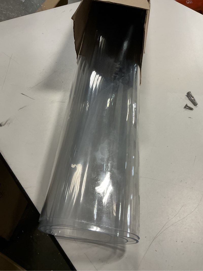 Condition photo showing As Is for clear table protector 26 x 50 inch, 1.5mm thick plastic table cover, waterproof pvc clear table cover protector, desk protector mat, writing desk pad for desktop, coffee & dining room table 26" x 50" (rectangular) crystal clear
