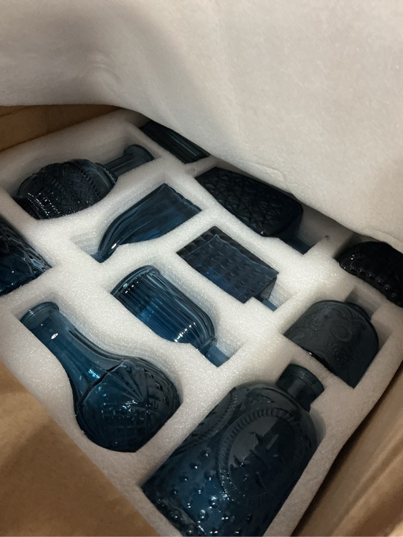 Condition photo showing Good Condition for glass bud vases set of 32 - blue assorted small mini glass vases for flowers, crystal vintage vase set, bulk centerpieces for table décor, wedding, home and events (blue, 32 pcs) blue 32 pcs