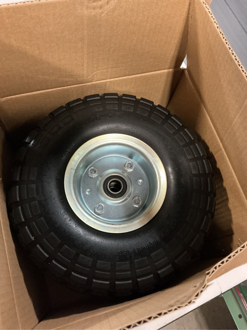 Condition photo showing As Is for (2 pack) 10 inch solid polyurethane tire 4.10/3.50-4 tire, 10" flat free wheels with 5/8" bearings, 2.2" offset hub for garden cart, hand truck, lawn cart, mower
