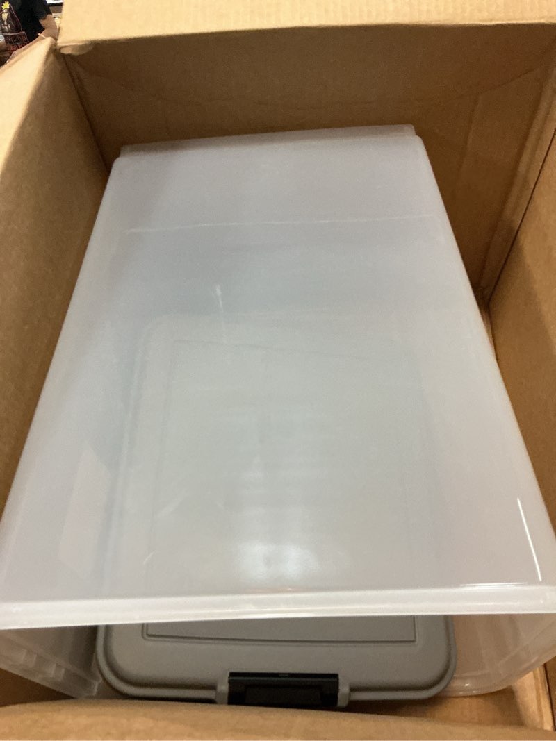 Condition photo showing Good Condition for amazon basics airtight pet food storage container with scoop, bpa free, removable wheels, 69 qt, gray