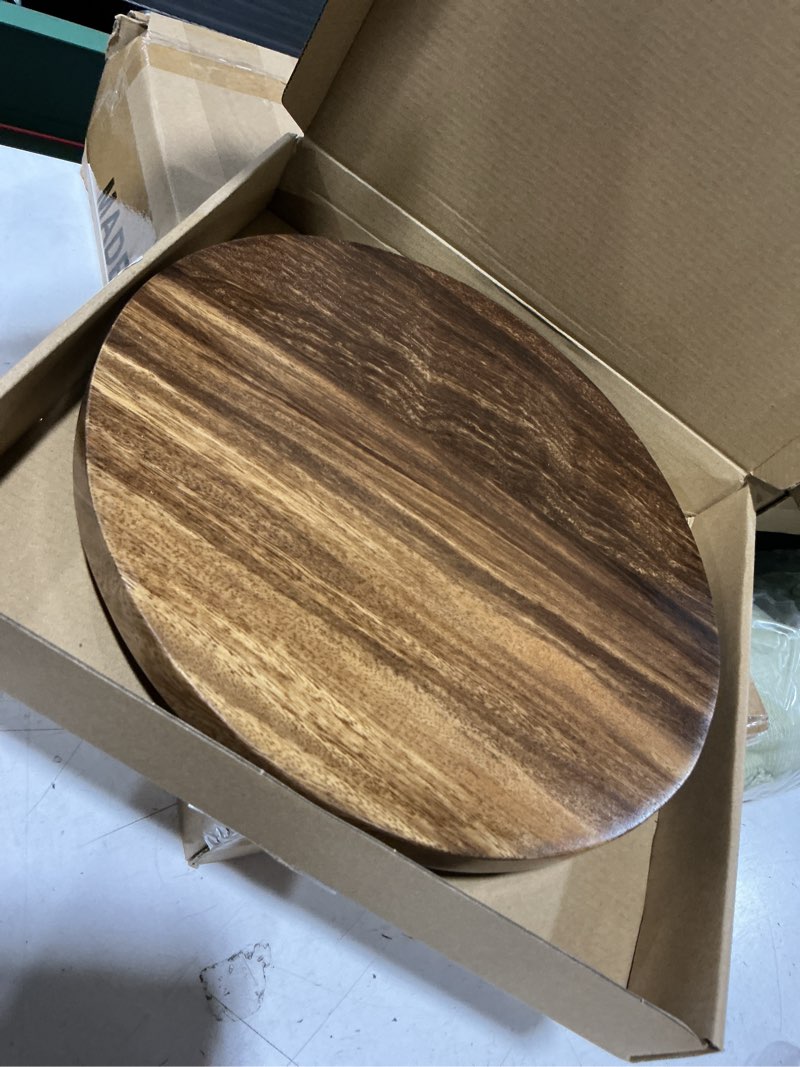 Condition photo showing Good Condition for round 11.8" acacia wood decorative tray – farmhouse wood riser pedestal stand for kitchen and bathroom decor, counter display, vanity tray (large, 11.8" dia) large: dia 11.8"