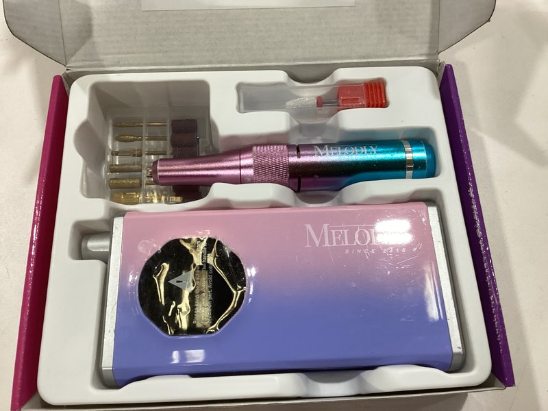 Condition photo showing As Is for electric nail drill file professional 40000 rpm, melodly rechargeable electric nail file machine kit for acrylic gel nails polishing removing, portable cordless efile with gold bits kit at salon home pink-blue
