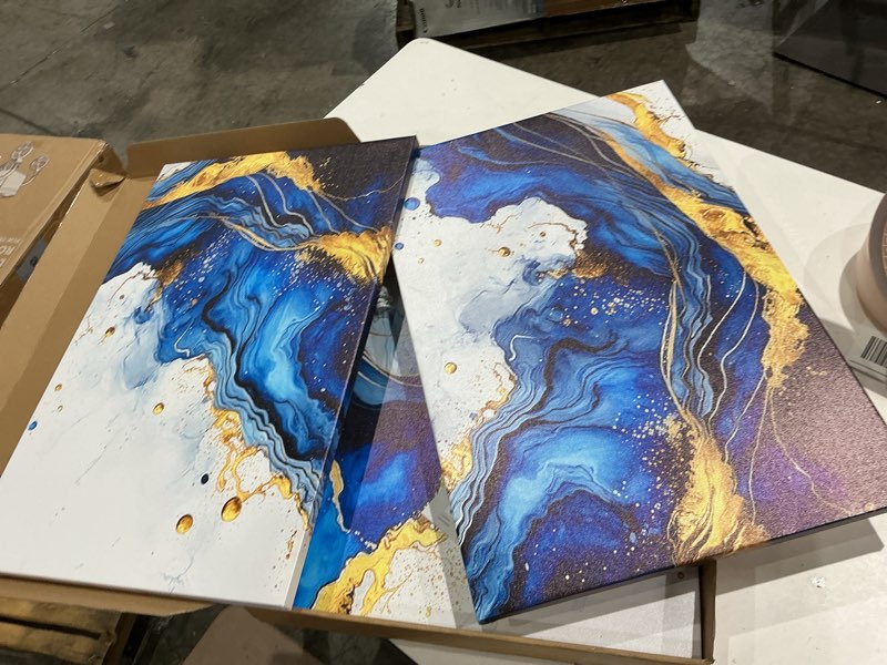 Condition photo showing Good Condition for zqartzzq 3 piece framed wall art abstract wall decor navy blue and gold pictures marble foil canvas art modern minimalism paintings artwork for living room bedroom office16x24in blue gold 16x24in unframed