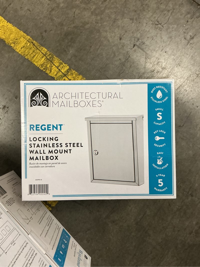 Condition photo showing New/Like New for regent silver, small, steel, locking, wall mount mailbox