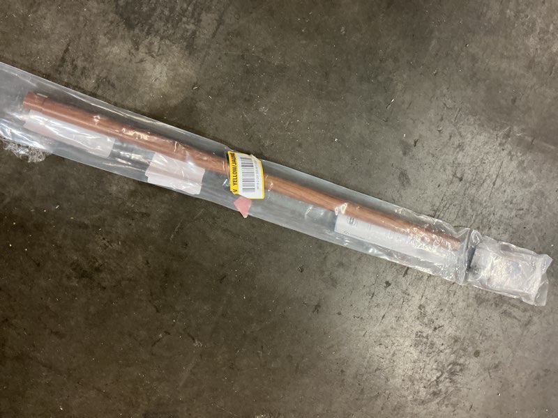 Condition photo showing As Is for 1" dia adjustable single faux wood curtain rod 28-48 inch in dark walnut with bartiste finials