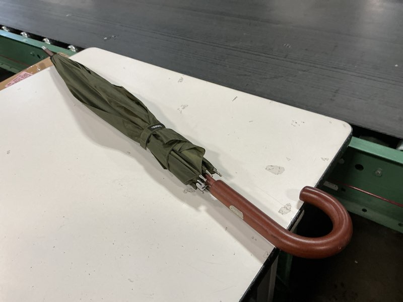 Condition photo showing As Is for Totes Eco Auto Open Umbrella Classic Wooden J Stick Handle with Easy Grip - Windproof, Rainproof and Durable Canopy Design – Versatile Travel, Perfect for Rainy Days Olive Green