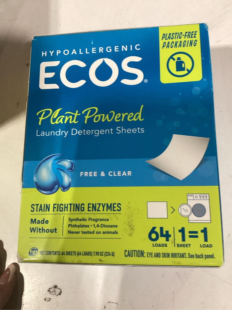 Condition photo showing New/Like New for ecos laundry detergent sheets vegan, no plastic jug, no mess & liquid free - hypoallergenic, plant powered laundry detergent sheet - free and clear - 64 count (pack of 1)