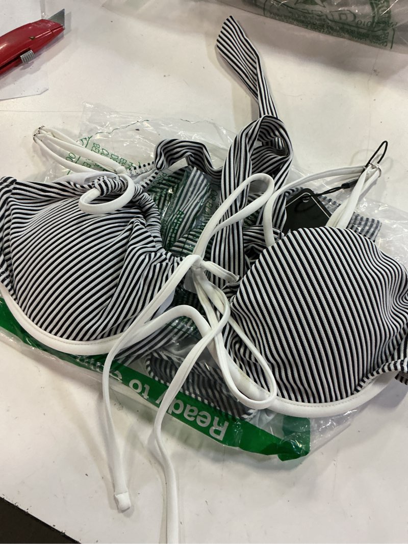 Condition photo showing New/Like New for zaful women high cut bikini sets string sexy swimsuit two piece underwire bathing suit brazilian cheeky cut out cute swimwear large white black stripe