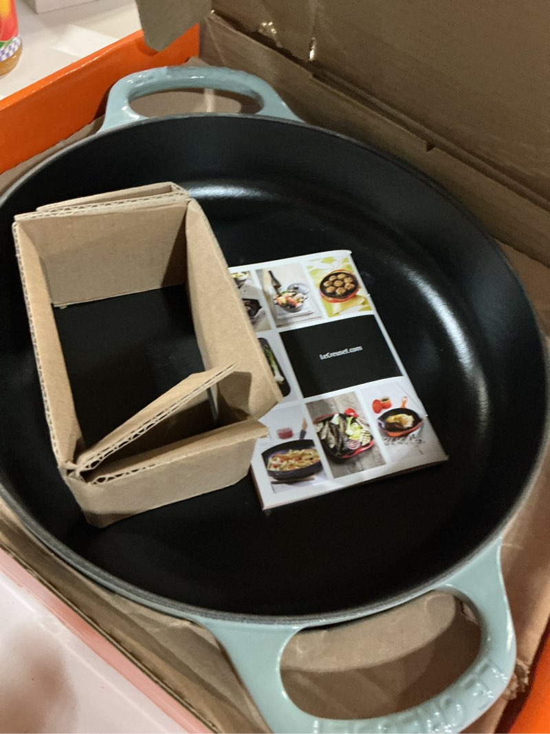 Condition photo showing New/Like New for le creuset signature cast iron everyday pan, 11", sea salt