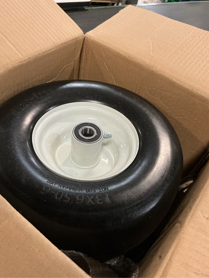 Condition photo showing As Is for 13x6.50-6 Flat Free Lawn Mower Tires and Wheels 3/4" 5/8" 1/2" Ball Bearings, 13x6.5x6 Zero Turn Mower Front Tires, Smooth Tires for Commercial Grade Lawn 5.5"-7.5" Adjustable Centered Hub 13x6.50-6 - 2P ( Flat Free ) White