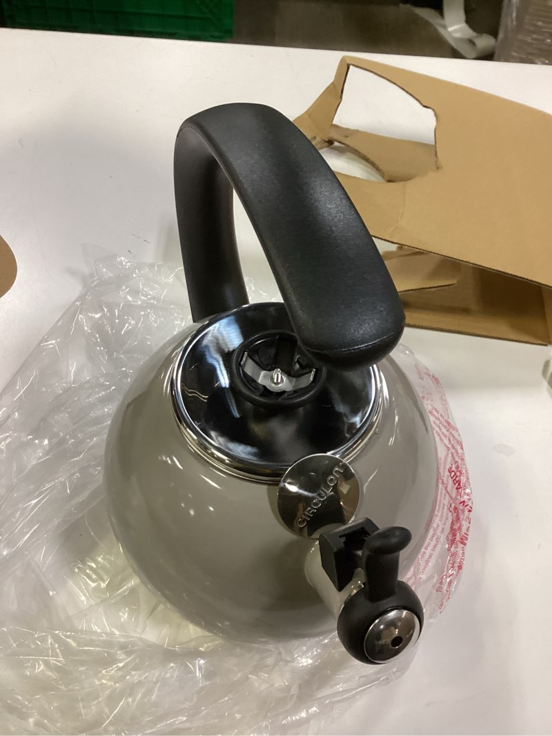 Condition photo showing As Is for Circulon Enamel on Steel Whistling Teakettle/Teapot With Flip-Up Spout, 2 Quart - Gray 2 Quarts Gray