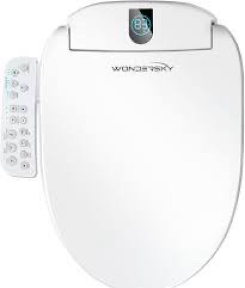 wondersky elongated bidet toilet seat, smart heated toilet seat with warm water and dryer, soft close bidet seat with adjustable temperature, stainless steel nozzle