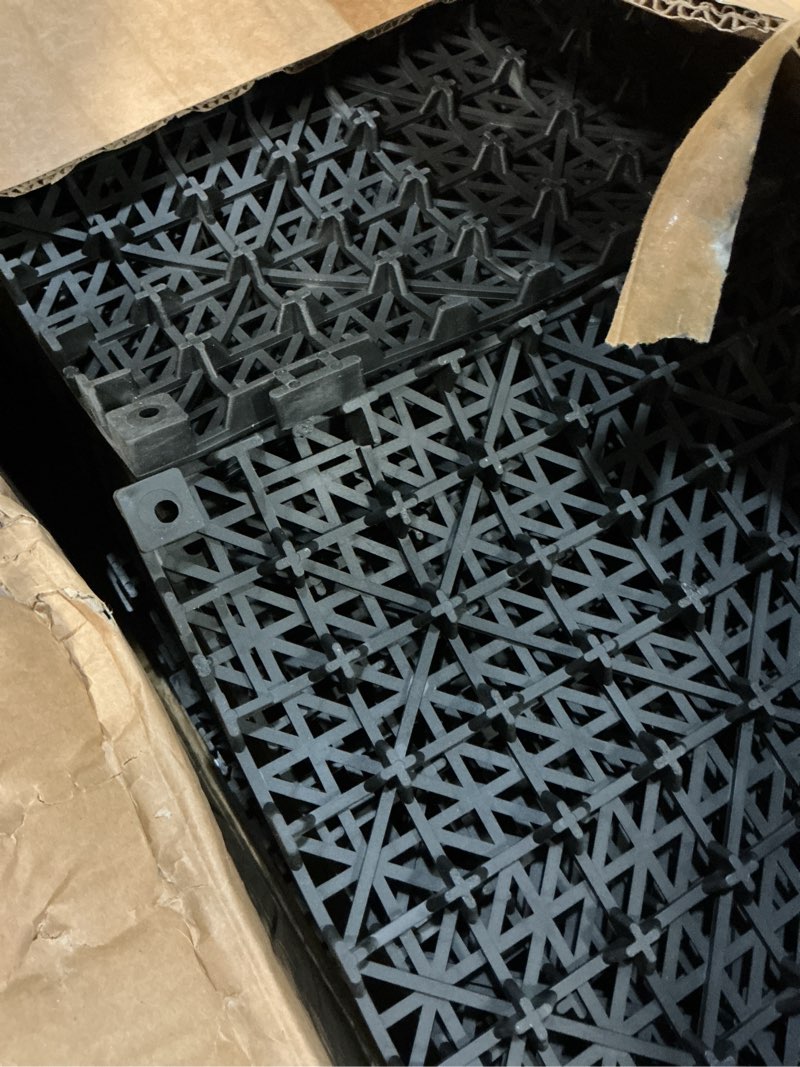 Condition photo showing As Is for fahkns 50 pack interlocking drainage tiles, 12" x 12" non-slip drainage interlocking floor tiles, pvc floor for bathroom, patio, toilet, kitchen water prone areas, black black 50