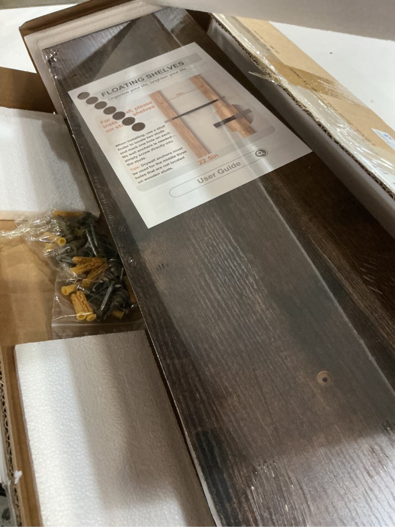 Condition photo showing New/Like New for bayka floating shelves for wall, 22.5 inch rustic wood wall mounted shelving for bathroom, bedroom, living room, kitchen & book, hanging display decor shelf with 22 lbs (rustic brown,set of 3) b. rustic brown - americana farmhouse style 3 22.5inches