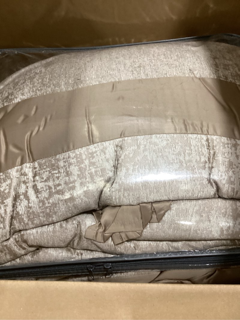 Condition photo showing New/Like New for Madison Park Luxury Comforter Set-Traditional Jacquard Design All Season Down Alternative Bedding, Matching Bedskirt, Decorative Pillows, King(104"x92"), Ava, Pieced Taupe 7 Piece Pieced Taupe King(104"x92")
