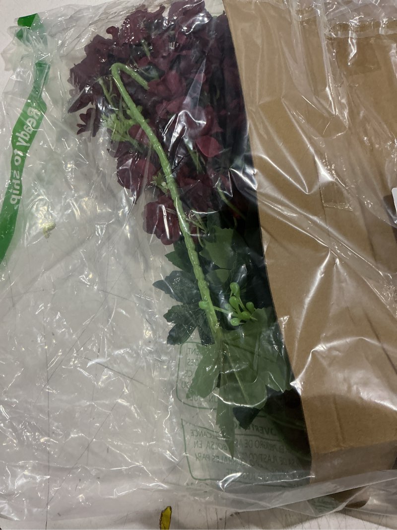 Condition photo showing As Is for delphinium artificial flowers,8pcs silk larkspur flowers 33.5'' long stem burgundy flowers for tall vase home wedding garden table decor(burgundy)