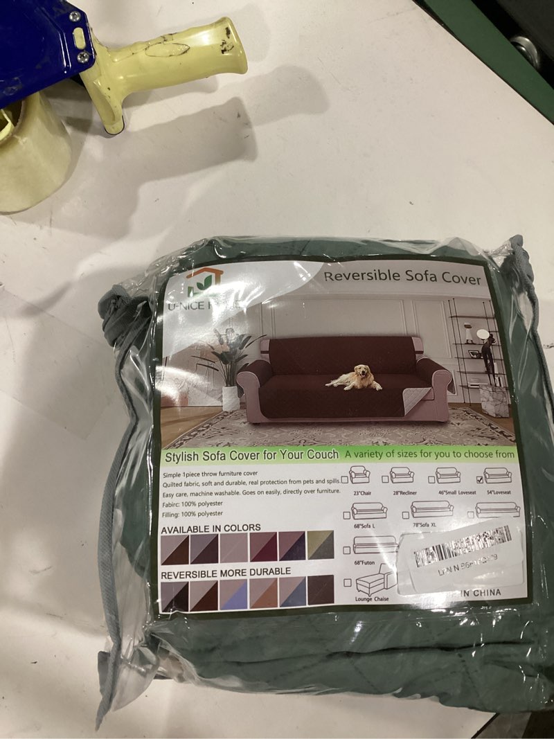 Condition photo showing New/Like New for u-nice home loveseat sofa cover reversible couch cover for dogs with elastic straps water resistant furniture protector for pets couch cover for 2 cushion couch (loveseat, greyish green/taupe) greyish green/taupe 54"loveseat-medium