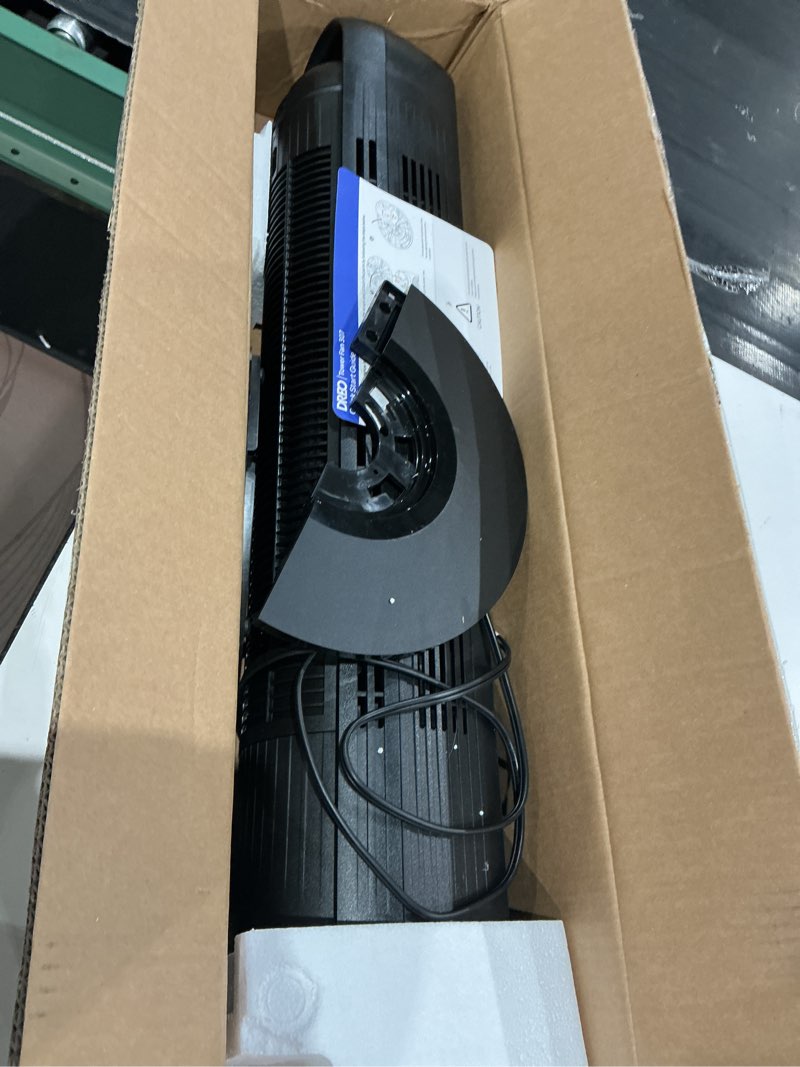 Condition photo showing As Is for dreo tower fan for bedroom, 2026 upgraded dc motor, 28ft/s high velocity, 20db ultra quiet standing fan, 8 speeds 4 modes, 90° oscillating bladeless fan for indoors, floor fans with remote, black