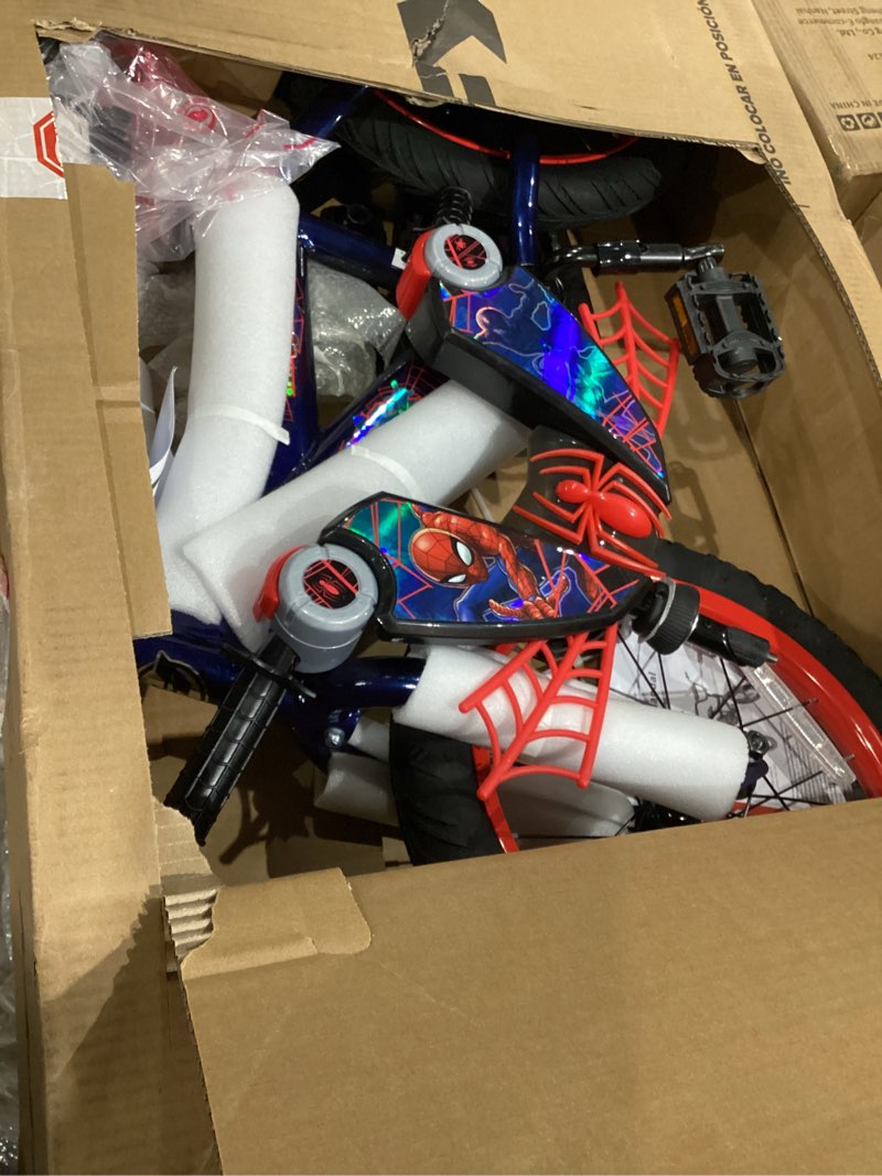 Condition photo showing Good Condition for huffy disney and marvel 12/16 inch boy's bike for kids, multiple color options and designs available, ideal for ages 3+ years old, removable training wheels, adjustable seat, simple coaster brake blue abyss | spider-man 16 inch