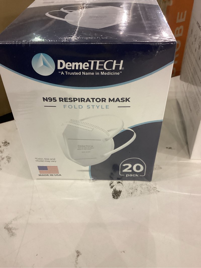 Condition photo showing New/Like New for DEMETECH NIOSH N95 Respirator Face Mask, Fold-Style with Headbands, Made in USA, 20 Qty
