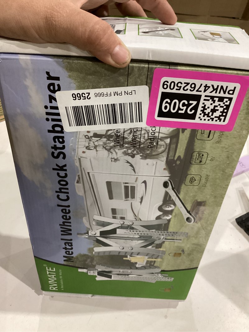 Condition photo showing New/Like New for RVMATE RV Camper Wheel Chock Stabilizer Scissor, X Chocks Wheel Stabilizer (2 Packs) for RV Travel Trailer Tires, X Chock for Locking Tandem Wheels When Parked on Uneven Surfaces, Silver.