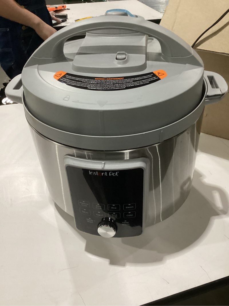 Condition photo showing As Is for instant pot, 6-quart whisper quiet 9-in-1 electric pressure cooker, slow rice steamer, sauté, yogurt maker, warmer & sterilizer, free app with 800+ recipes, stainless steel 6 quarts