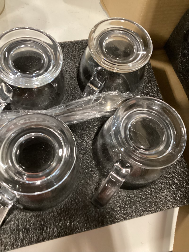 Condition photo showing New/Like New for mfacoy glass coffee mugs set of 4, clear large coffee mug 15 oz with handles for hot beverages, clear mugs for tea, cappuccino, latte, espresso coffee, juice, glass coffee cups 4 pack