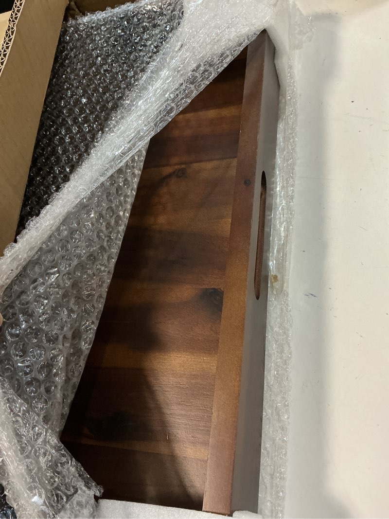 Condition photo showing As Is for 20 Inch Acacia Wood Square Ottoman Tray - Wooden Square Serving Tray with Handles - Extra Large Food Serving Trays for Decorative, Coffee Table, Breakfast in Beds (Walnut Color) 20" x 20" x 2.4" Walnut