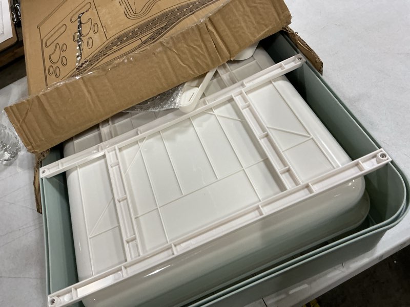 Condition photo showing New/Like New for medario cat litter box with litter mat and scoop, large covered litter box with lid, enclosed kitty box, front entry top exit, odor control, easy to clean (blue)