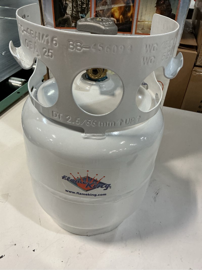 Condition photo showing Good Condition for flame king ysn5lb-gauge 5lb steel propane tank cylinder with gauge and opd valves for grills and bbqs, camping, fishing, & outdoor activities, white 5lb propane tank with gauge