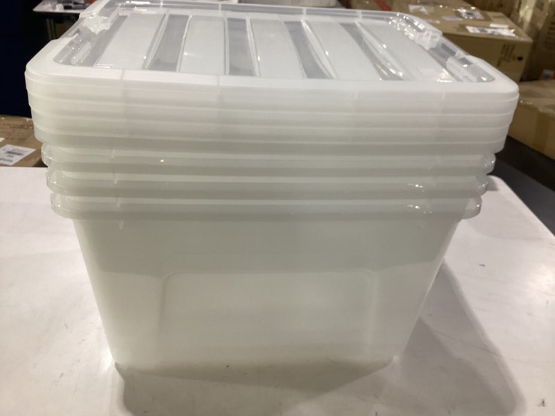 Condition photo showing Good Condition for iris usa 40 qt stackable plastic storage bins with lids, 4 pack - bpa-free, made in usa - see-through organizing solution, latches, durable nestable containers, secure pull handle - clear clear 40 qt 4 pack