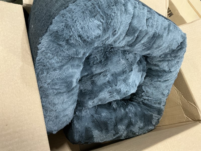 Condition photo showing As Is for calming medium dog bed for couch, 35 x 31 inch removable couch cover for dogs washable, non-slip fluffy plush dog sofa mat for furniture protector - dark grey medium dark grey