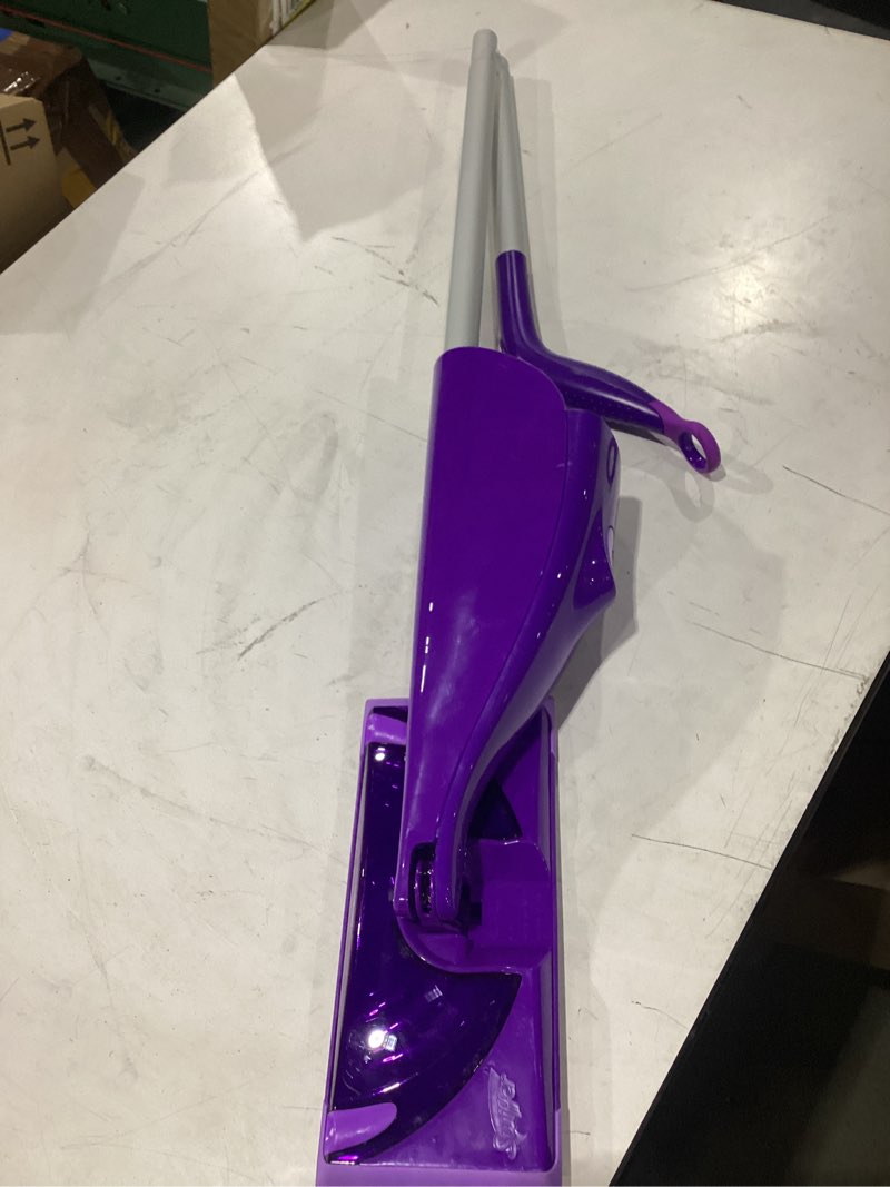 Condition photo showing As Is for swiffer wet jet mop, floor cleaner for mopping wood, laminate, tile in home, bathroom, kitchen, all purpose multi-surface cleaning set includes 1 spray mop, 5 pads refill, 1 fresh scent solution dust mop