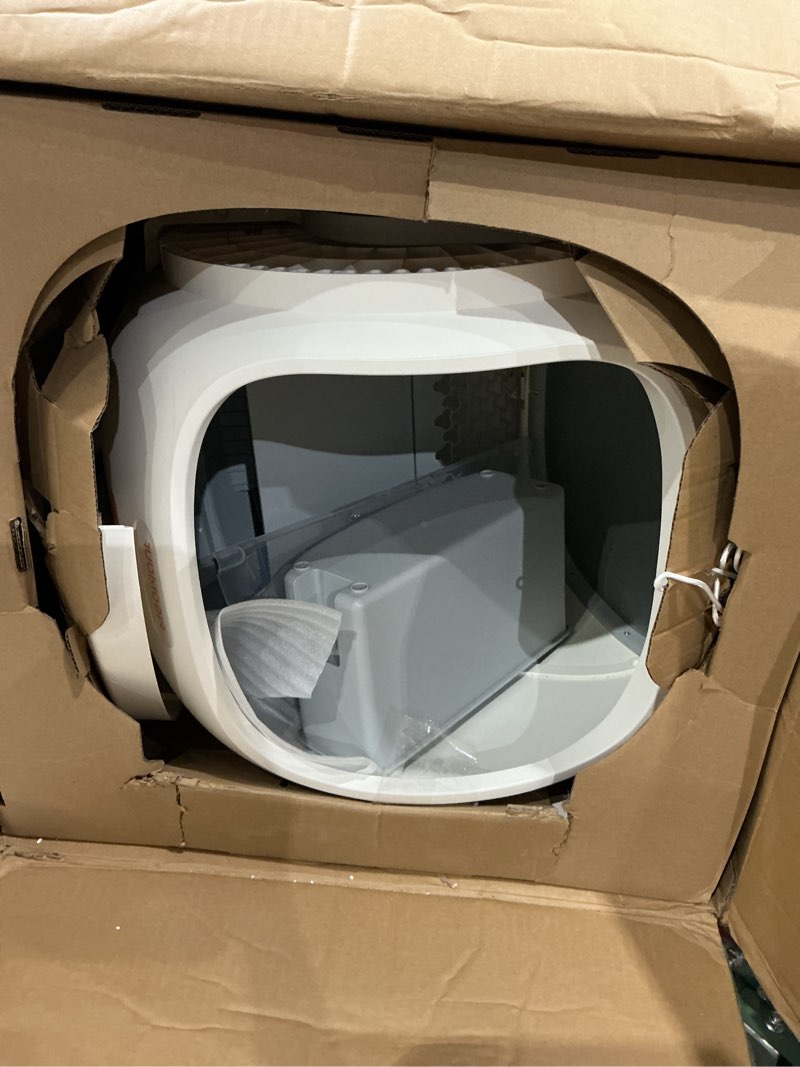 Condition photo showing As Is for meowant automatic self cleaning cat litter box with app control, odor free, cat-safe anti-stuck technology, larger space & low entry for multiple cats, kittens & senior pets grey