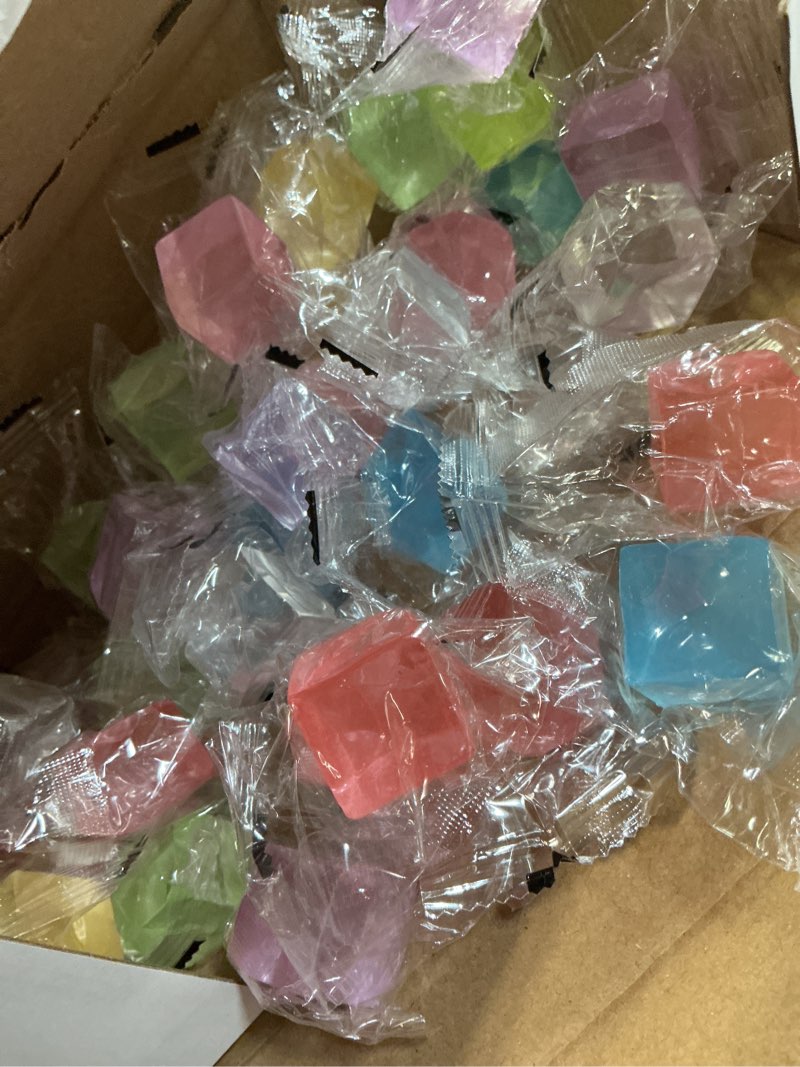 Condition photo showing As Is for 96 pcs mini ice cube stress balls bulk fidget squeeze square ball stress relief sensory playthings ice cube for adults birthday valentines gifts party favor prize bags box filling, 8 colors