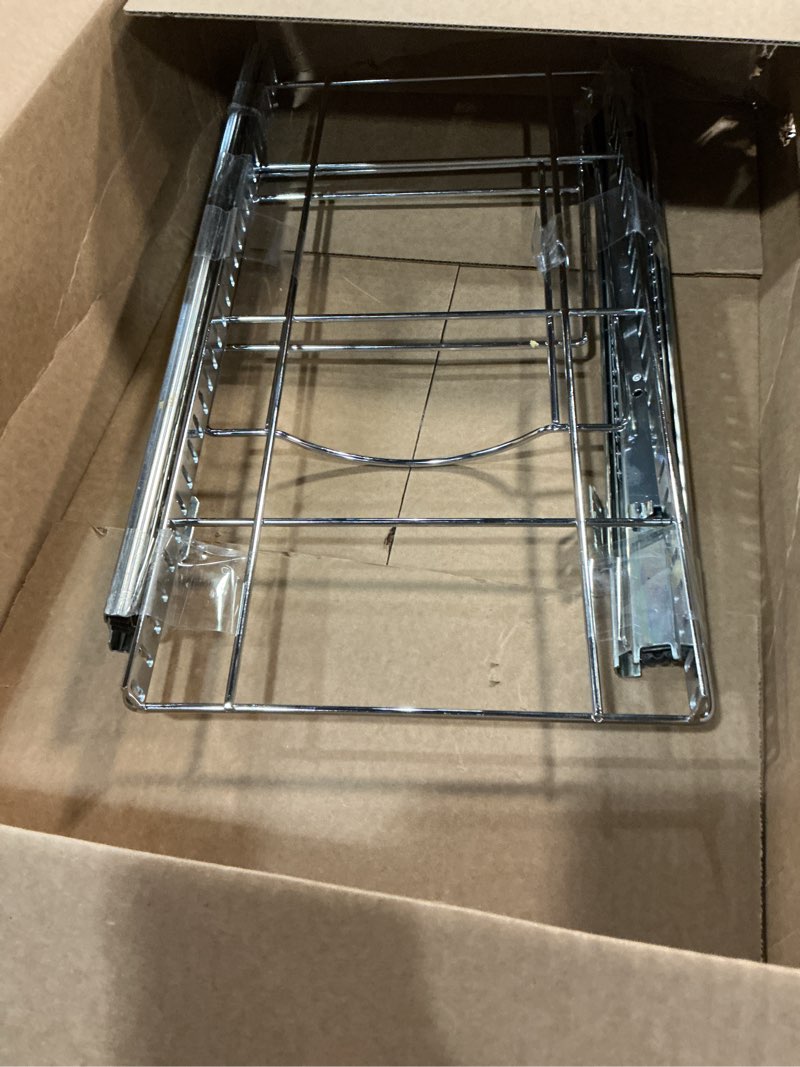 Condition photo showing As Is for Pull-Out Trash Can for Cabinet - 12 Gal / 48 qt – Heavy-Duty Chrome, Smooth Slide with Trash Bag Storage – Fits 13" Cabinet Opening (Bin Not Included) 12 gal / 10"W