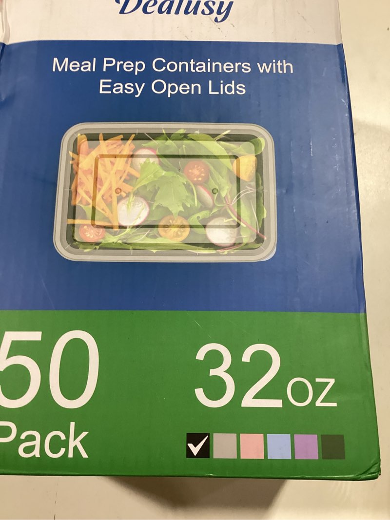 Condition photo showing Good Condition for 50 pack (100-piece) 32 oz meal prep containers reusable with easy open lids, sturdy leakproof food safe, microwave freezer dishwasher safe, to go take out plastic food storage pans with lids, black